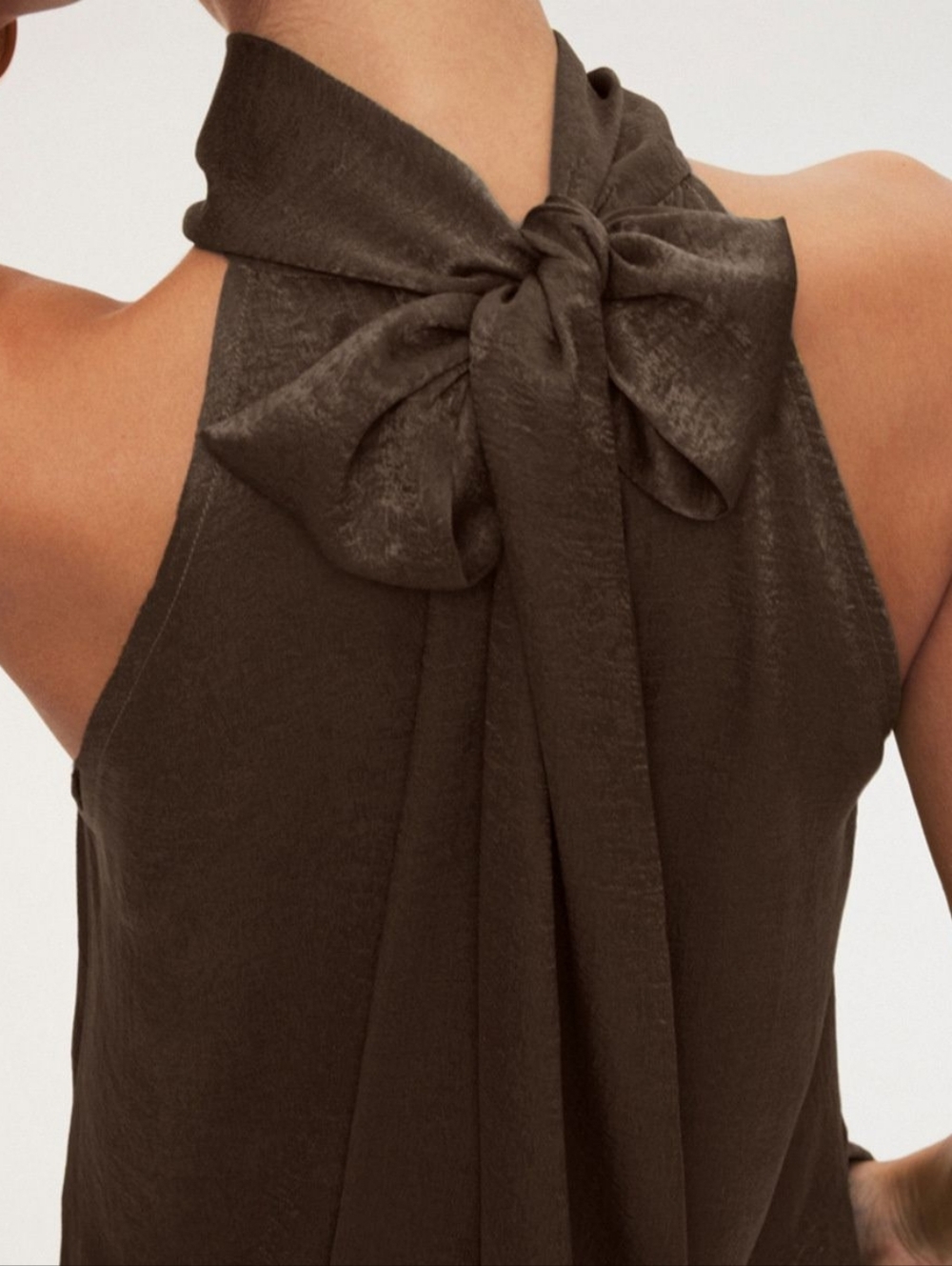High-Neck Tie Halter Top - Chocolate Brown - Picture 6 of 12